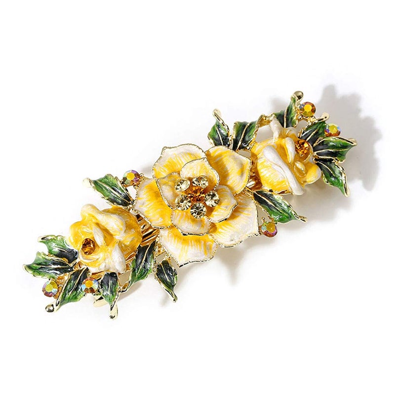 Fodattm Women Lady Vintage Exquisite Flower French Hair Barrette Metal Hairpin Rhinestone Spring Hair Clip Bridal Wedding Crystal Hair Clasps (Yellow) - Image 3